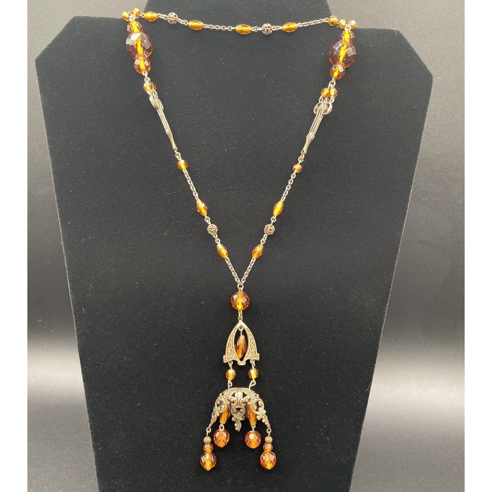 Antique c1920's Art Deco Czech Amber Glass Brass Filigree Flapper Necklace 40"